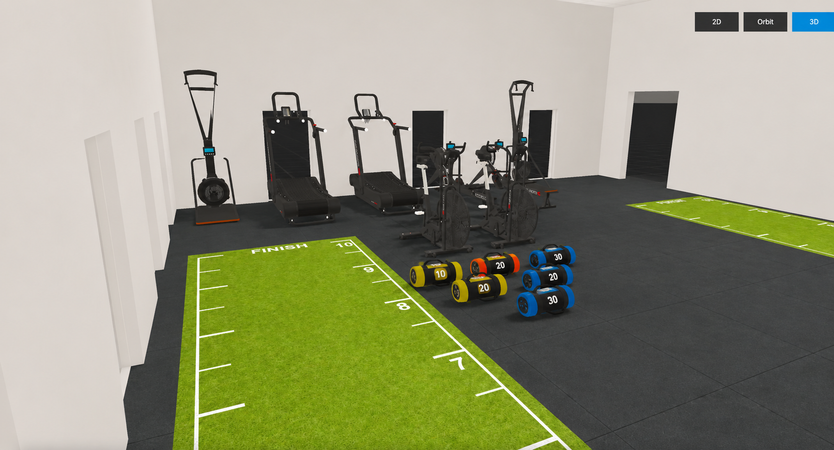 Hyrox prostor — 3D prikaz tekaške steze in sani, Don Vito Gym Črnomelj